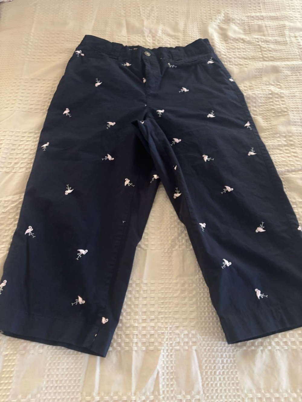 Women’s Navy Embroidered Flamingo Cropped Pants